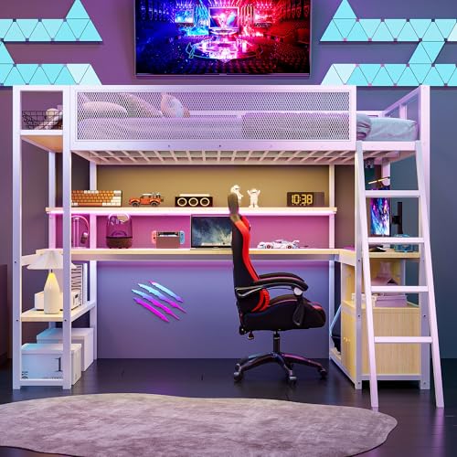Full Size Loft Bed with Desk and Stairs,Metal Gaming Loft Bed Full with Wardrobe and Shelf, High Loft Bed with LED & USB Charging Station for Teens, Adults, Space Saving Design,Black