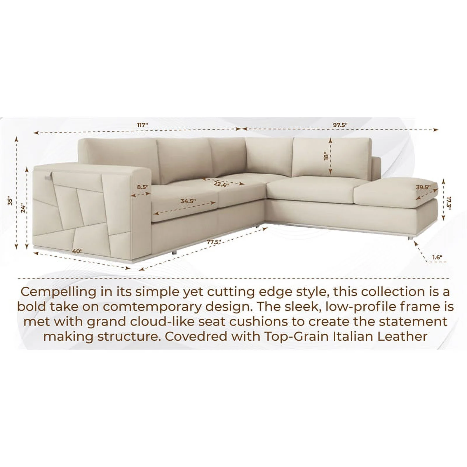 Titan Furnishings Transitional Italian Top Grain Leather Sectional White