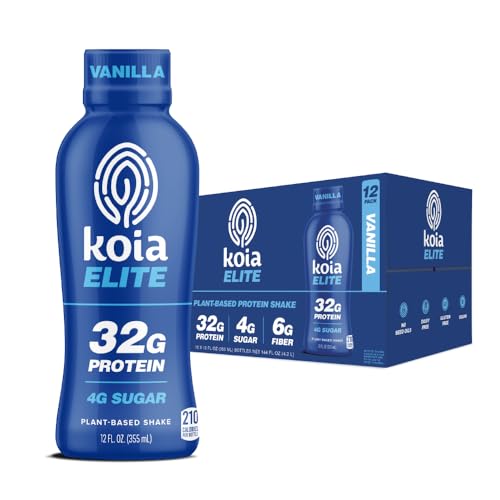 Koia Elite Plant Based Protein Shake, Chocolate, 32g Protein, 4g Sugar, 6g Prebiotic Fiber, Pre & Post Workout Nutritional Drink, No Seed Oils, Dairy-Free, Gluten-Free, Non-GMO, 12 Fl Oz (Pack of 12)
