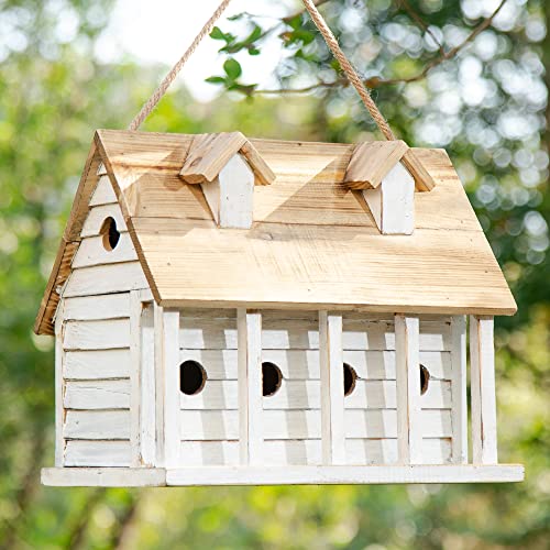 Glitzhome 14.25”L Wood Hanging Birdhouse for Outdoors Oversized Distressed Cottage Painted Bird House Rustic Bird House for Bluebird Wren Chickadee Sparrow Bird Nest Box for Garden Patio, Washed White