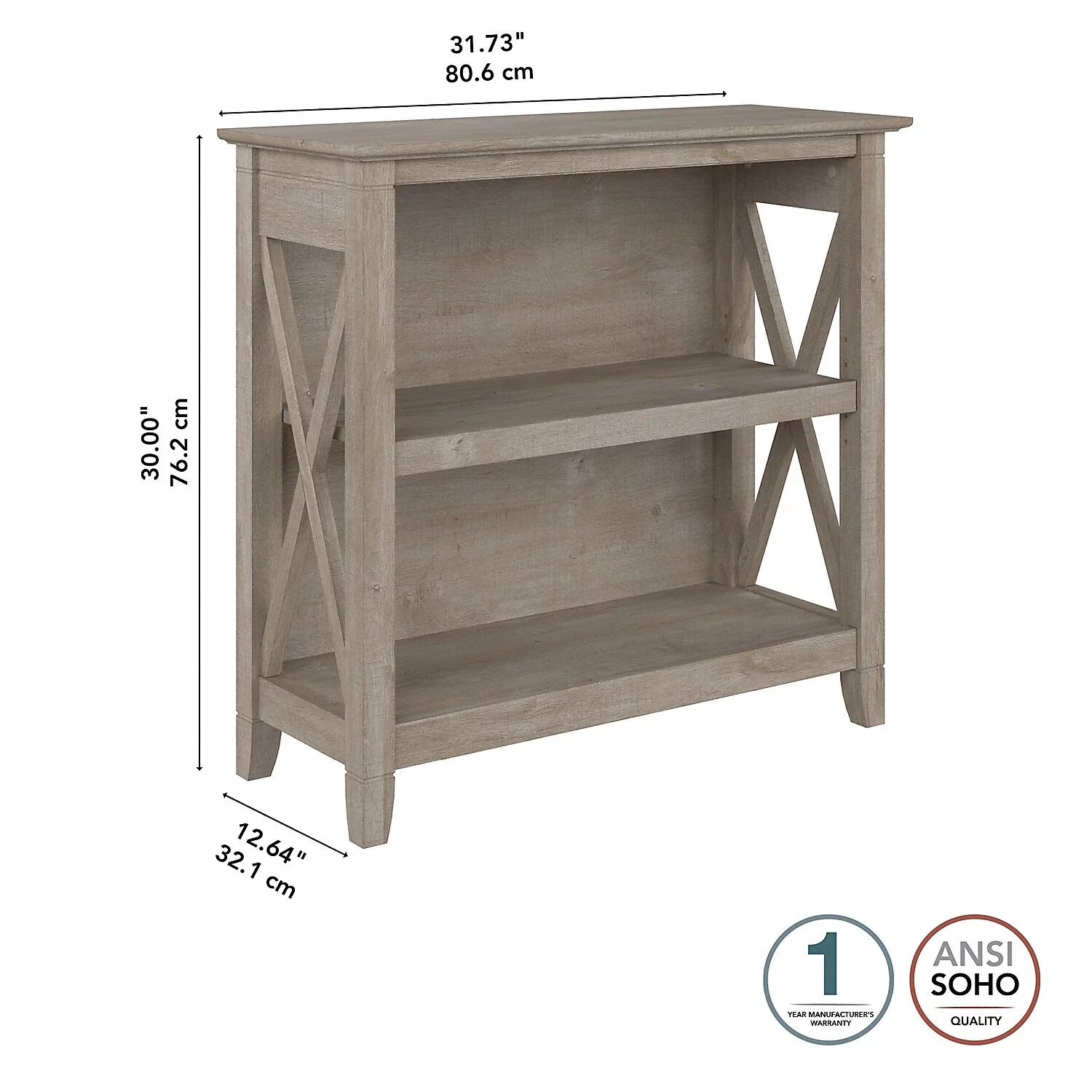 Bush Furniture Key West Small 2 Shelf Bookcase, Washed Gray