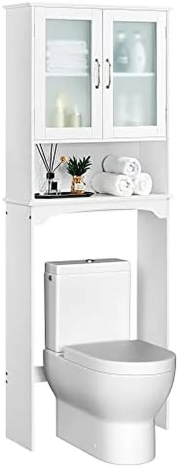 TJUNBOLIFE Over The Toilet  with 2-Door Tempered Glass Cabinet  Wooden Space-Saving with Toilet Rack and Inner Adjustable   L25xW9xH66  Navy Blue