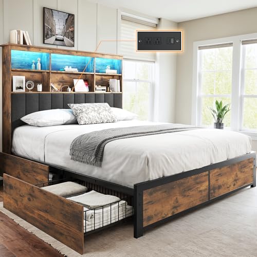 HISOFT Queen Bed Frame with Storage Headboard, Wood Bed with High Storage Bookcase, 4 Drawers & LED & Charging Station,No Box Spring Needed/Noise Free/All-Metal Support, Rustic Grey