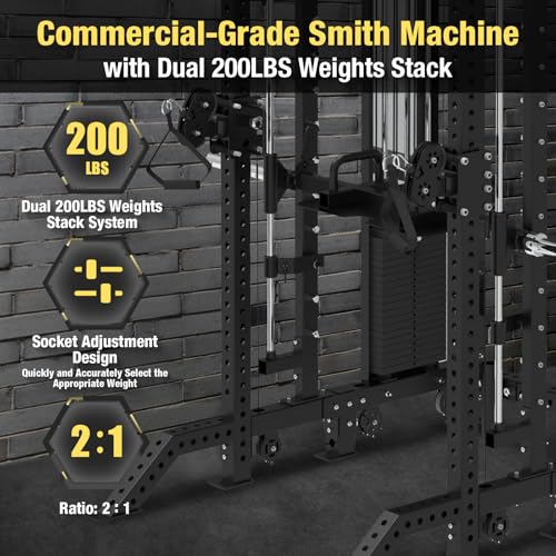 Commercial Functional Trainer Cable Machine with Dual Weight Stacks, Power Cage Squat Rack, Dual Cable Crossover Machine with Pulley System