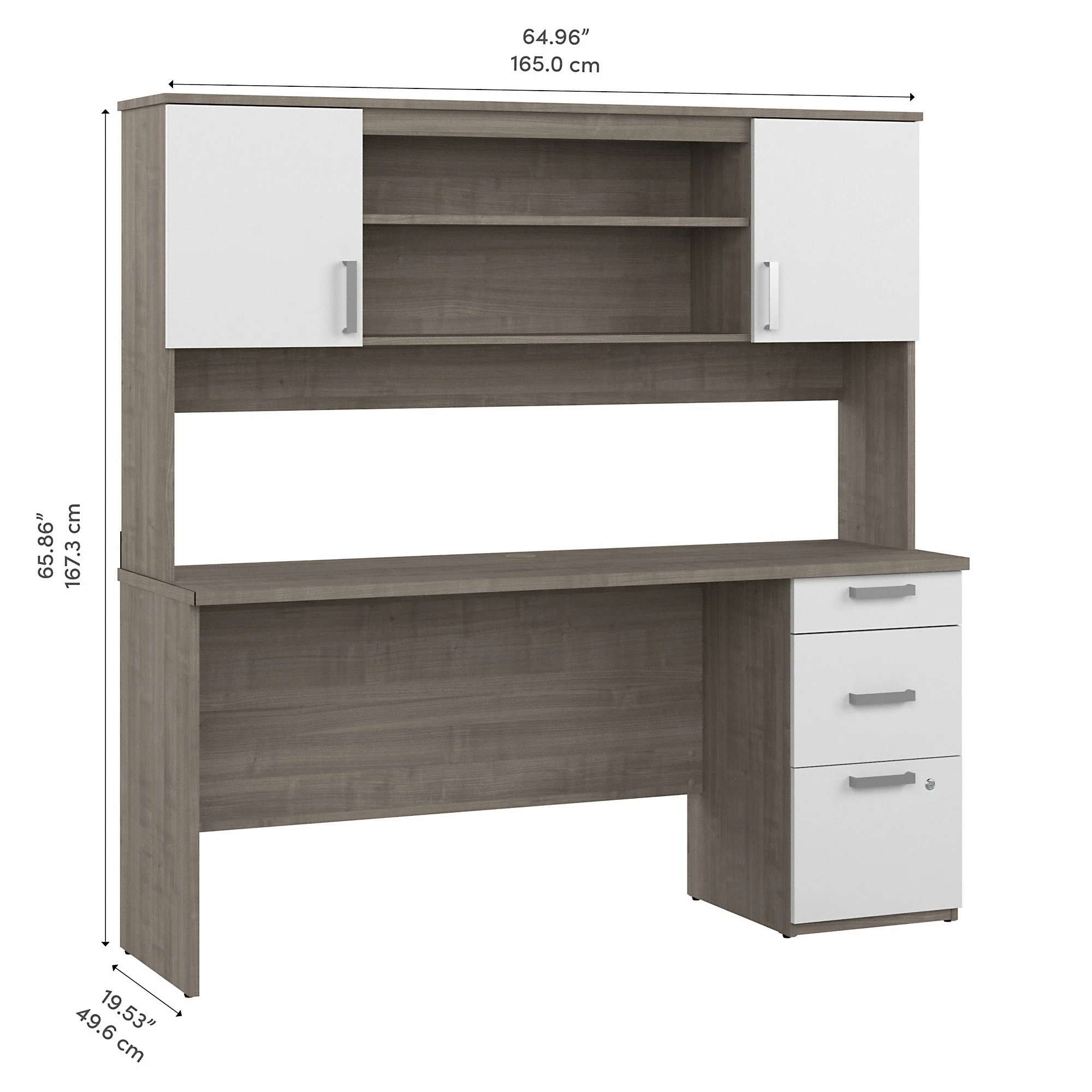 Bestar Ridgeley Engineered Wood Computer Desk with Hutch in Silver Maple/White