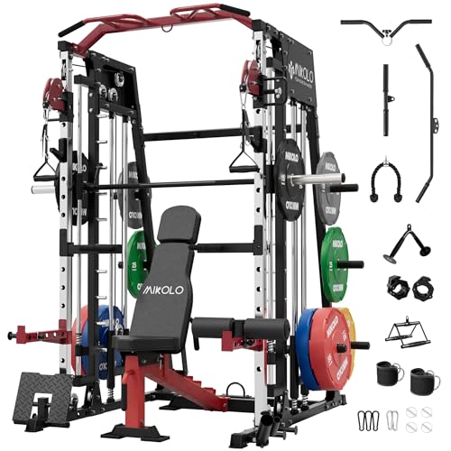Mikolo Smith Machine, 2200lbs Squat Rack with LAT-Pull Down System & Cable Crossover Machine, Training Equipment with Leg Hold-Down Attachment