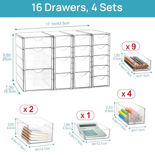 Vtopmart Acrylic Organizer with 16 Drawers (4 Set),Clear Storage Drawers for Office Supplies,Desk Organization and Storage for Makeup,Jewelry,Art Crafts
