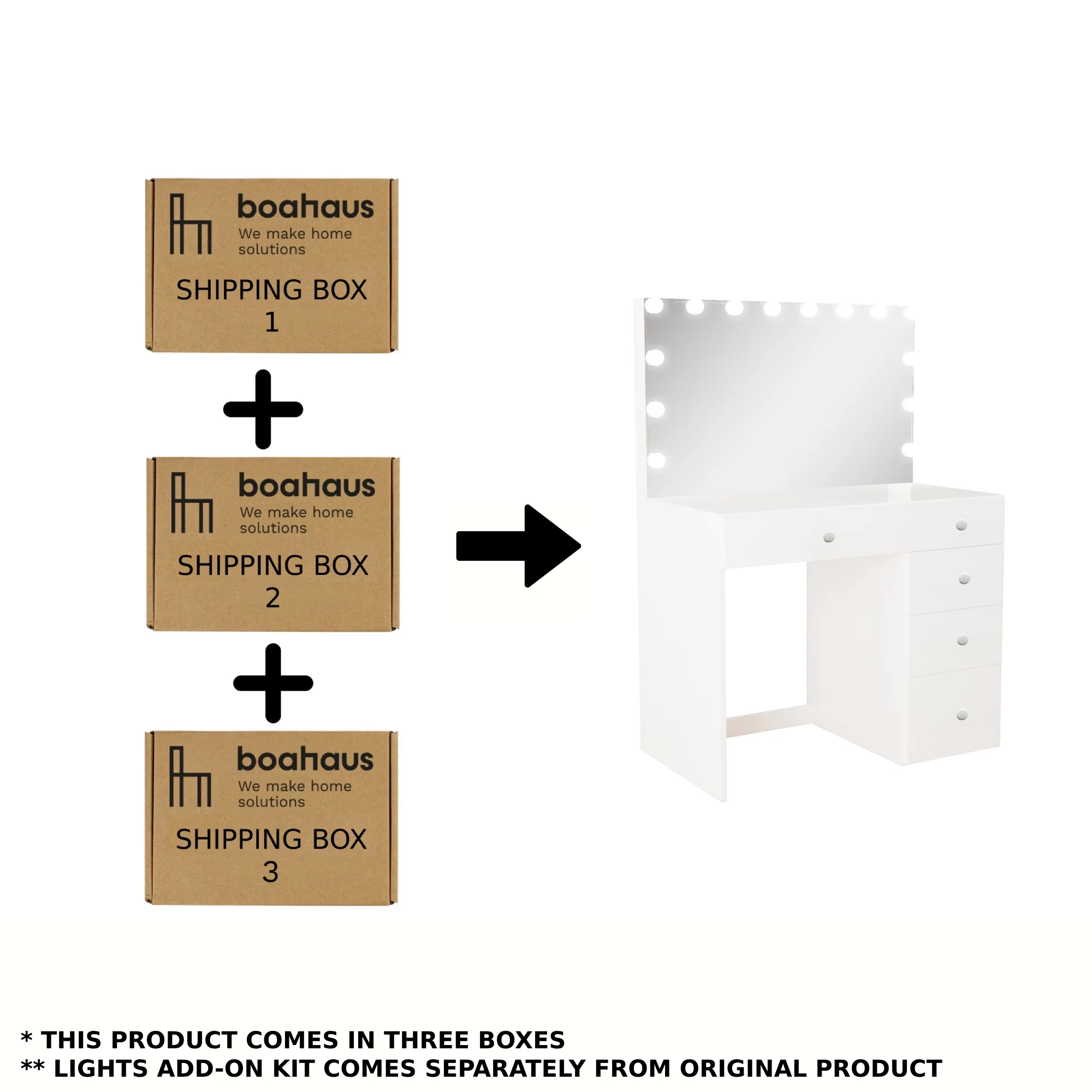 Boahaus Saranya Modern Vanity Desk with Light Bulbs, 5 Drawers, White