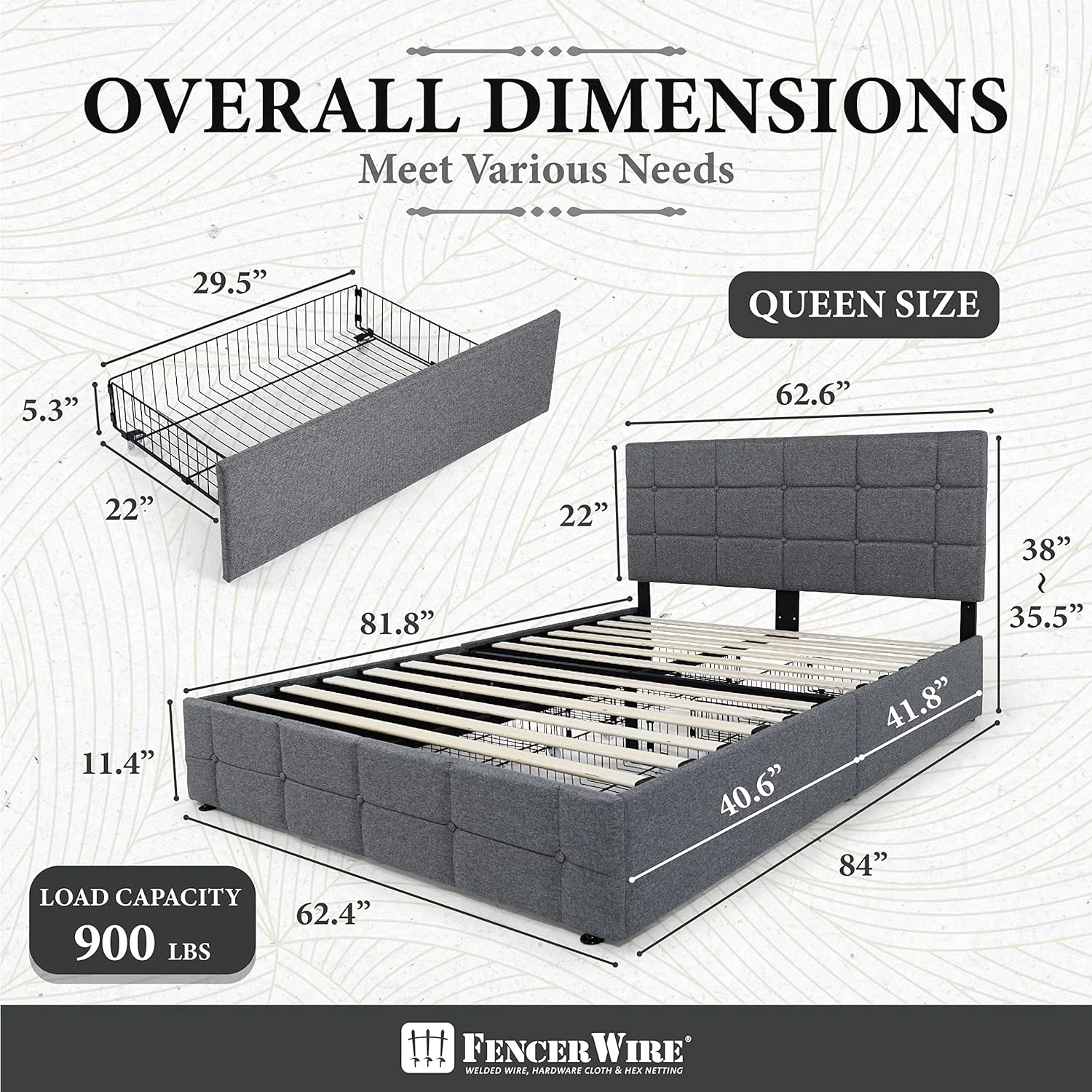 Upholstered Storage Bed Frame With 4 Drawers And Adjustable Headboard, Square Stitched Button Tufted, Platform Beds Frame, Wood Slat Support, No Box Spring Needed, Queen Size, Light Grey