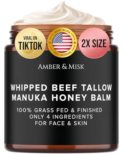 Whipped Beef Tallow and Honey Balm, 100% Grass Fed Beef Tallow Balm, Grass Finished Organic Beef Tallow for Skin, Face Wrinkles, Acne, No Fragrances, Made In USA Products Only, TikTok Trend Items