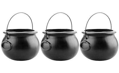 PMU Halloween Cauldron 12Pc- 8 inch, Small Witch Plastic Cauldron Candy Bowl Black, For Halloween Decor