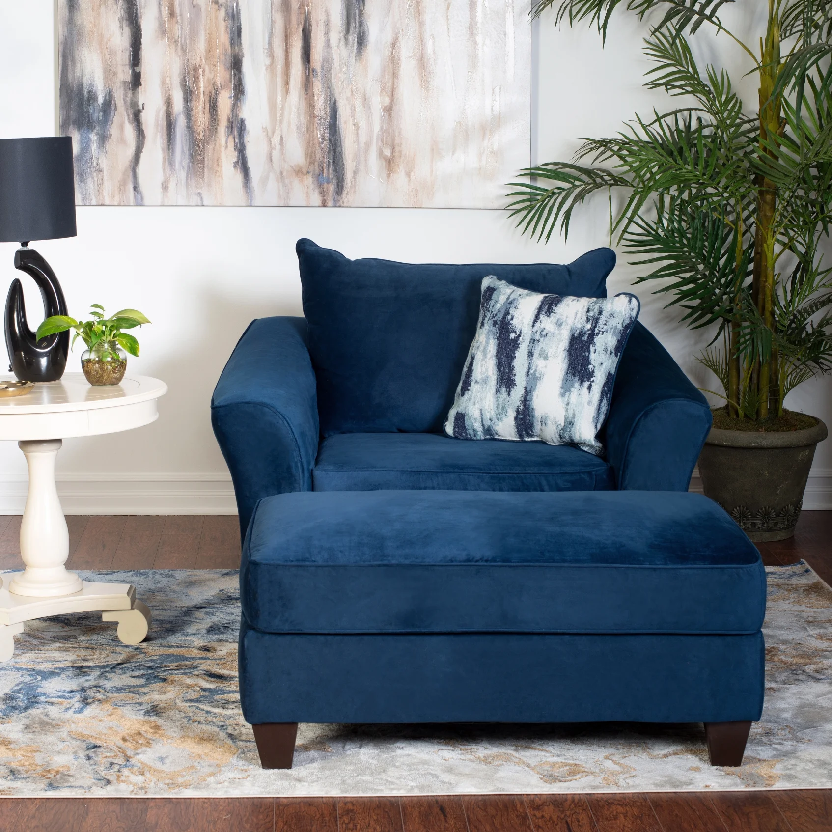 Roundhill Furniture Camero Fabric Pillowback Armchair with Ottoman Set, Fabric, Navy Blue