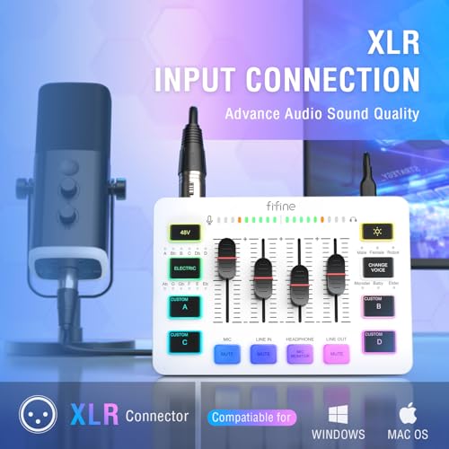 FIFINE Gaming Audio Mixer, Streaming RGB PC Mixer with XLR Microphone Interface, Individual Control, Volume Fader, Mute Button, 48V Phantom Power, for Podcast/Recording/Vocal/Game Voice-AmpliGame SC3