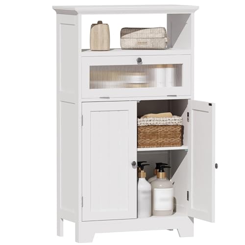 ChooChoo Bathroom Floor Storage Cabinet with Flip Glass Drawer, Freestanding with 2 Doors, Adjustable Shelf & 1 Open Storage for Living Room, Hallway, Navy Blue