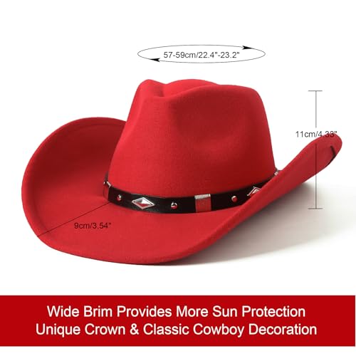 Lanzom Women Men Classic Felt Wide Brim Western Cowboy Cowgirl Hat with Belt Buckle