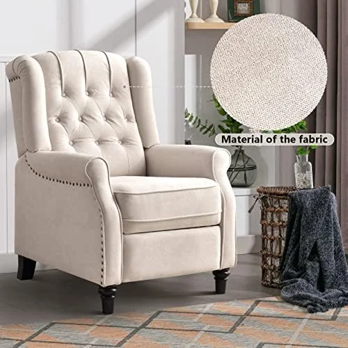 RUNFAYBIU Push Back Recliner Chair  Elizabeth Fabric Recliner with Tufted Back Home Theater Seating w/Padded Seat and Nailhead Trim  Wooden Legs  White