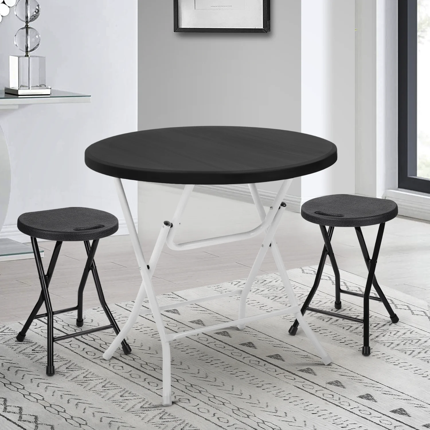 Magshion 5 Pieces 2.6Ft Round Folding Commercial Banquet Table, Portable Plastic Coffee Card Dining Table for Kitchen or Outdoor Party Wedding Event, Balck