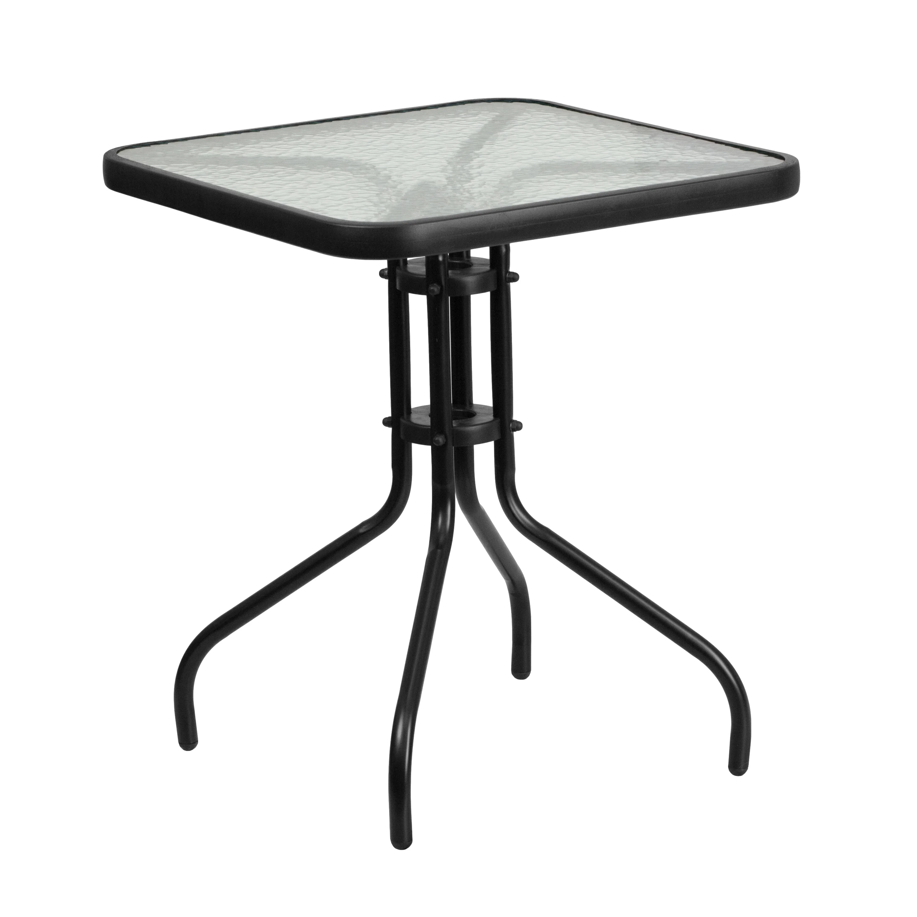Flash Furniture 23.5'' Square Glass Metal Table with 2 Black Metal Aluminum Slat Stack Chairs
