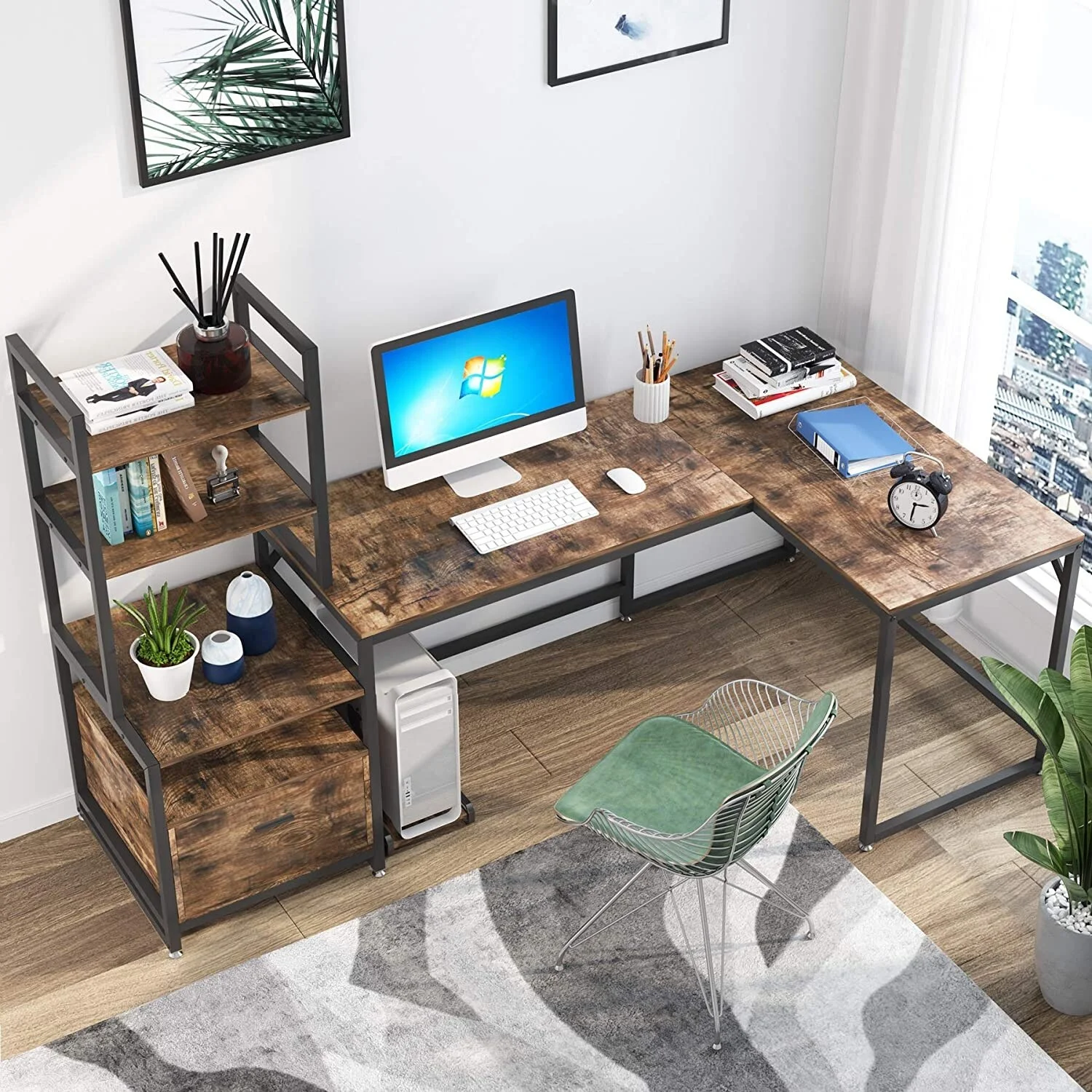 L-Shaped Computer Desk with 3 Tiers Bookshelves File Cabinet Drawer Light Brown Shelves Only