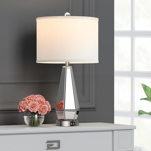 Hamucd Set of 2 Mirrored Glass Bedside Table Lamps with 2 USB Ports for Bedrooms Modern Amber Side Nightstand Lamps with Gold Black Fabric Shade Geometric Comtempory Living Room Lamps for End Tables