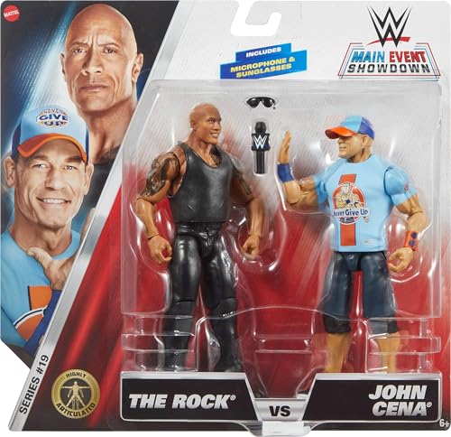 Mattel WWE Main Event Championship Showdown 2-Pack Action Figures & Accessory, Series #19 The Rock vs John Cena Collectible Set
