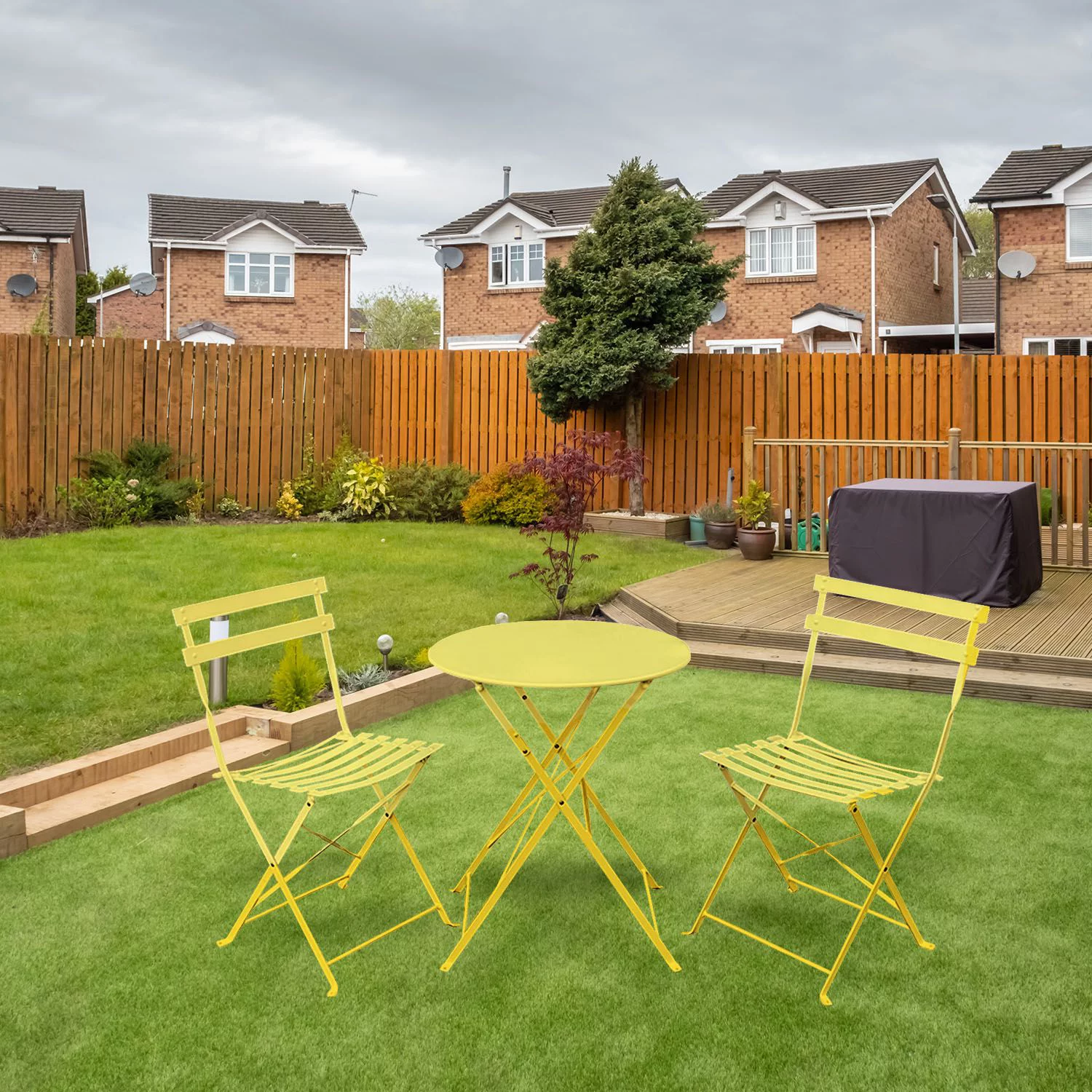 Yayle 3 Piece Bistro Folding Furniture Set – A Patio Round Shape Coffe Table With 2 Ideal Sitting Chairs - Yellow