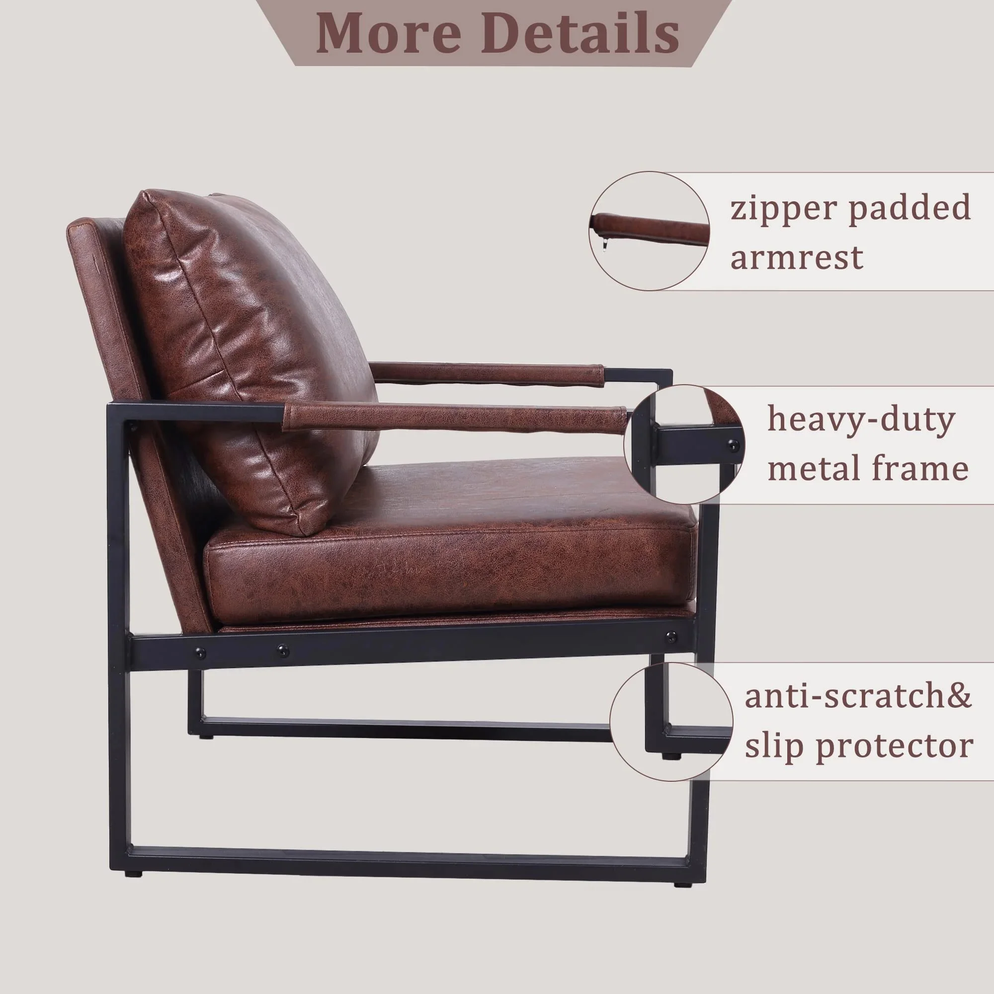 Accent Chair Mid Century Modern Chair for Living Room, Armchair Faux Leather Upholstered Chair with Metal Frame Zipper Padded, Single Sofa Chair Reading Chair for Bedroom Reception, Brown