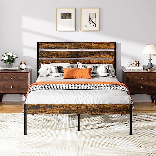 Shintenchi Full Size Bed Frame with Headboard and Footboard, Metal Mattress Foundation with Under Storage, Steel Slats, No Box Spring Needed, Noise Free, Black Round