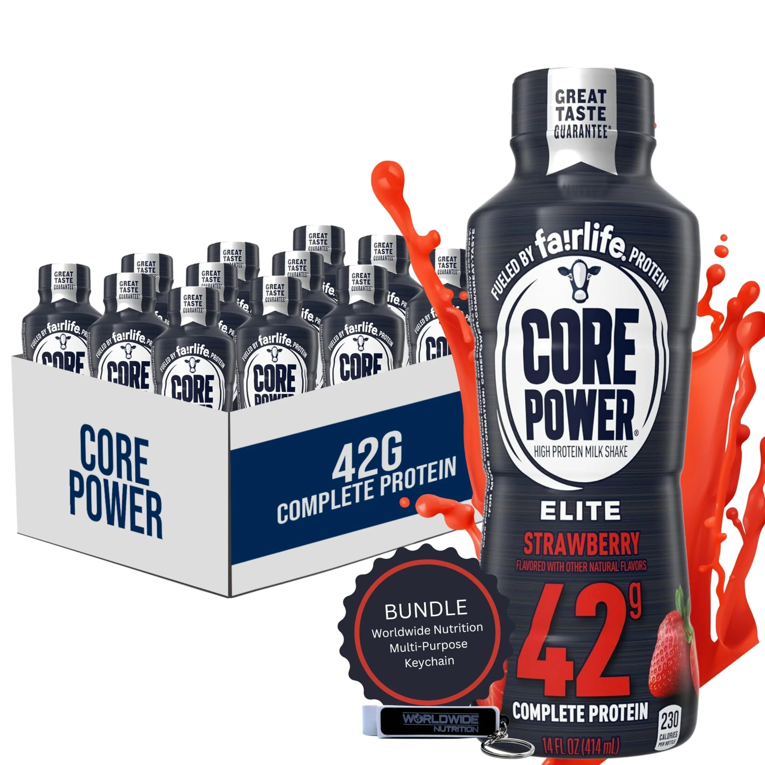Core Power Fairlife Elite 42g High Protein Milk Shake - Kosher, Strawberry Protein Shake for Workout Recovery - 14 Fl Oz Pack of 12 & Multi-Purpose Key Chain