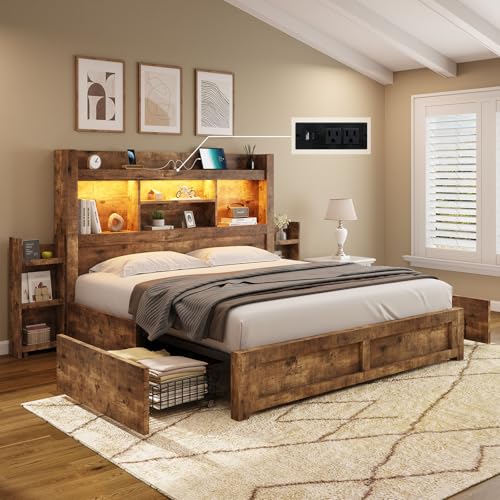 AMERLIFE Queen Bed Frame with 4 Storage Drawers, LED Platform Bed with 49