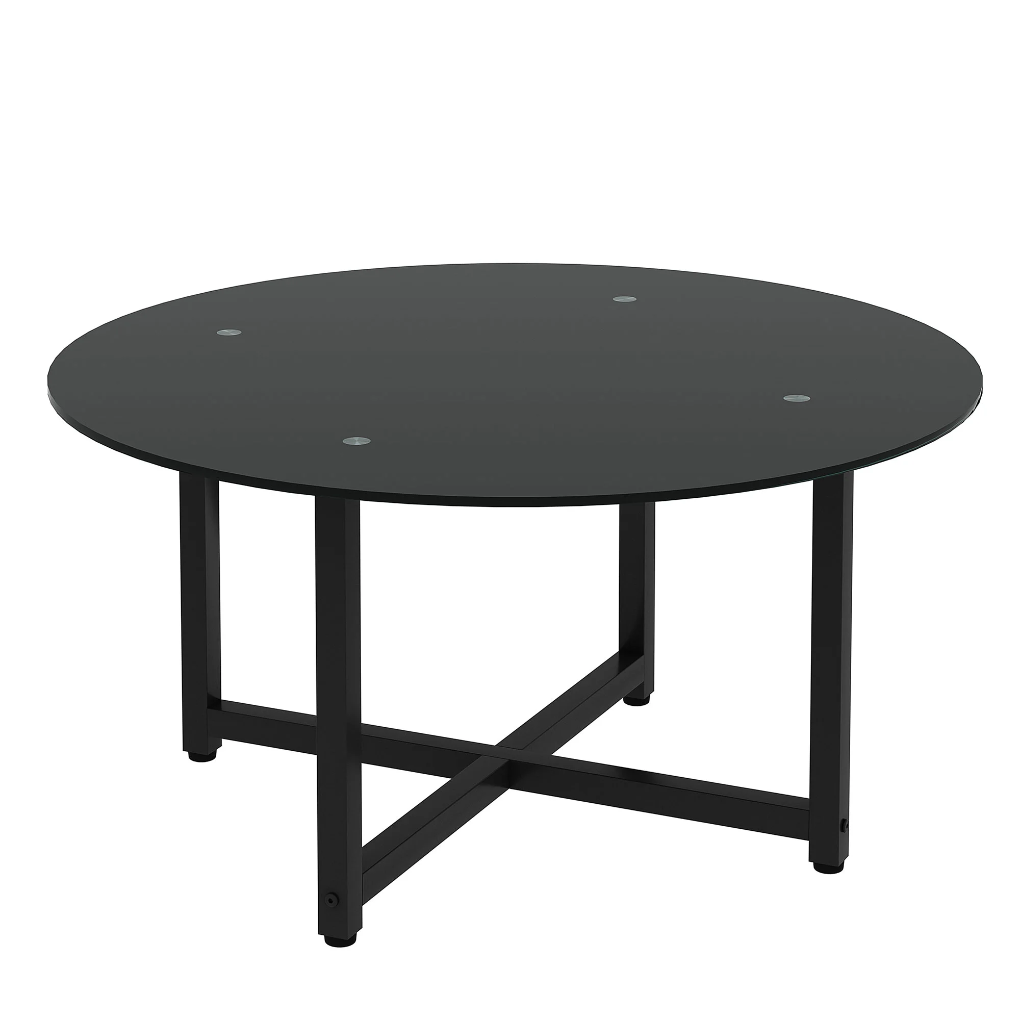 Concise Design Round Coffee Table with Glass Table Top and Metal Base, Black