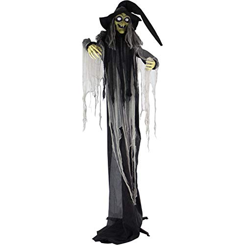 Haunted Hill Farm Life-Size Scary Talking 3 Witches with Cauldron Halloween Animatronic, Indoor or Covered Outdoor Poseable Halloween Decorations with Light up Eyes and Sound, Battery Operated
