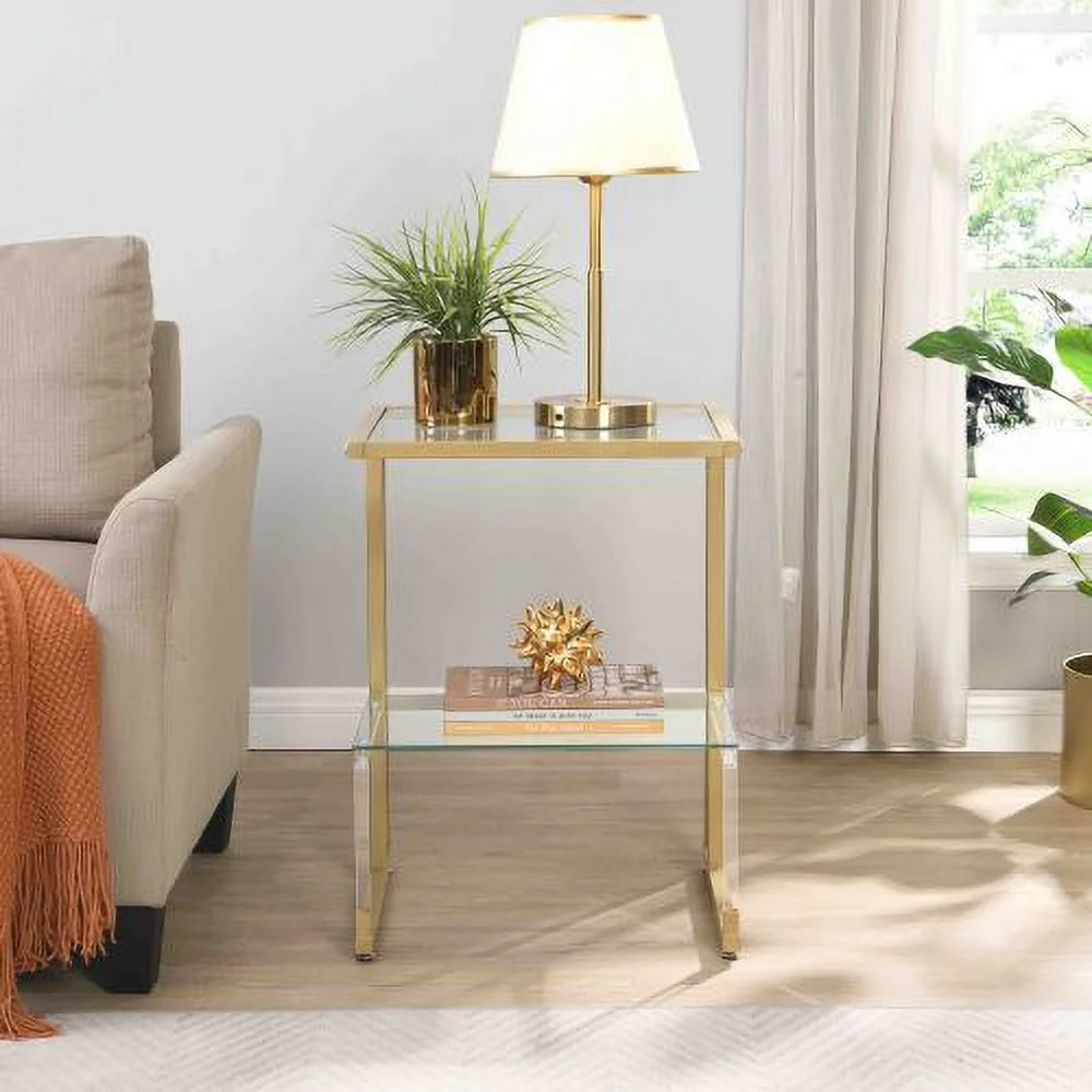 Golden Side Table, 2-Tier Acrylic Glass End Table for Living Room&Bedroom