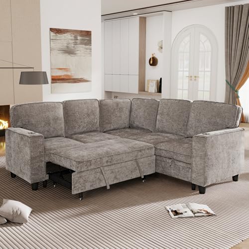 86 INCH L Shaped Convertible Sleeper Sectional Sofa Pull-Out Couch Bed, Tufted Linen Upholstered Reversible Corner Couch Pullout Sofabed w/Detachable Backrest and Storage Chaise for Living Room Office