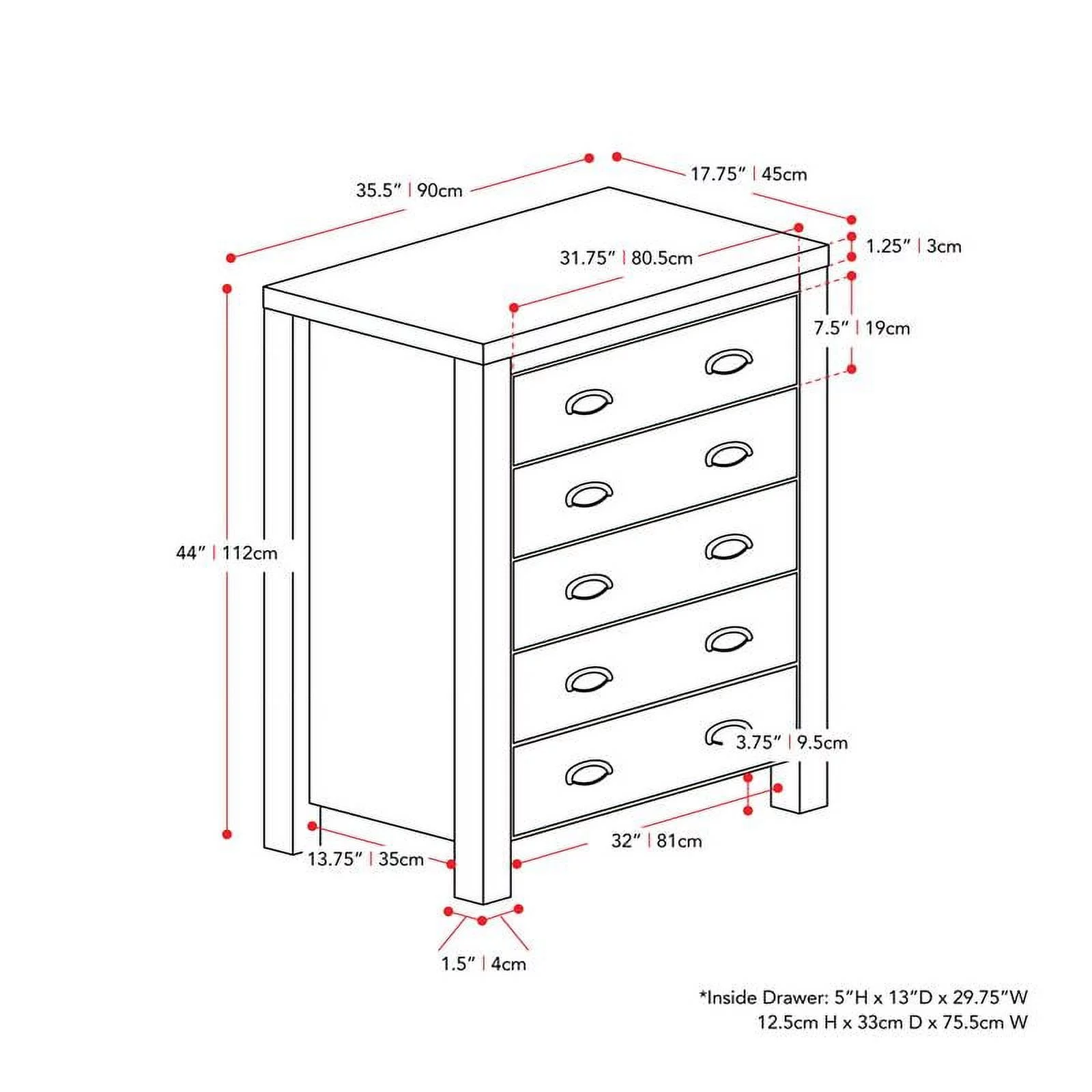 Boston Black Engineered Wood Grain Finish 5 Drawer Tall Dresser