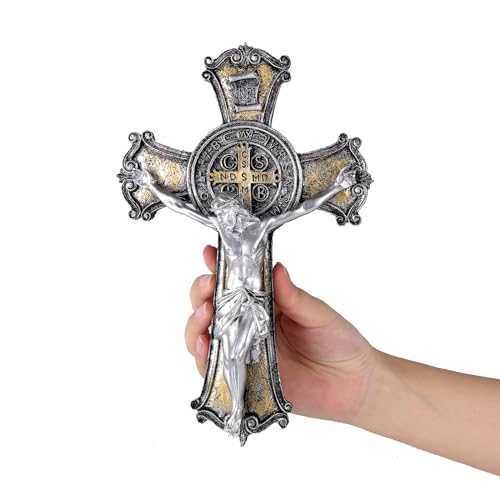 Taprion Crucifix Wall Cross - Saint Benedict Resin Wall Art - 10 Inch Golden Cross Give Blessing and The Spiritual Sacred: Faith Gift for Your Acquaintances
