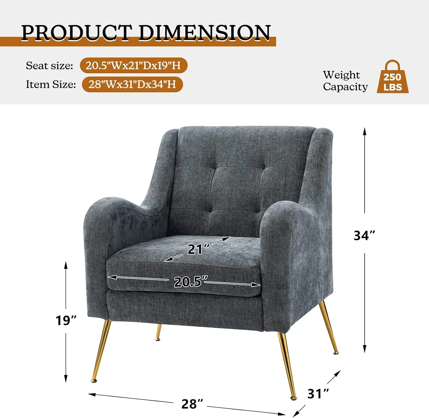 Upholstered Armchairs Set with Removable Cushion Tufted Single Sofa Accent Chairs Golden Leg Home Living Room Bedroom Office Navy