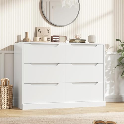 HOSTACK Modern 6 Drawer Dresser for Bedroom, Double Chest of Drawers with Storage, Large Wooden Storage Dresser Organizer with Cut-Out Handle, Accent Storage Cabinet for Living Room, Dark Brown