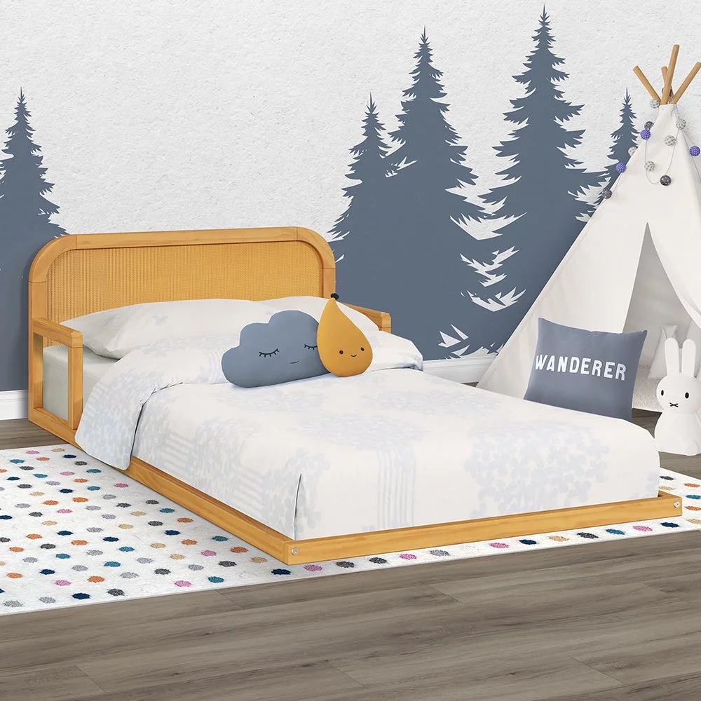 P’kolino Curva Rattan Kids Twin Floor Bed Frame with Headboard- FSC Certified Solid Pine Wood- Natural