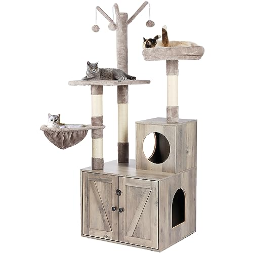 Cat Tree Tower with Litter Box Enclosure, 2-in-1 Wooden Cat Condo with Sisal Scratching Post, Hammock, Brown