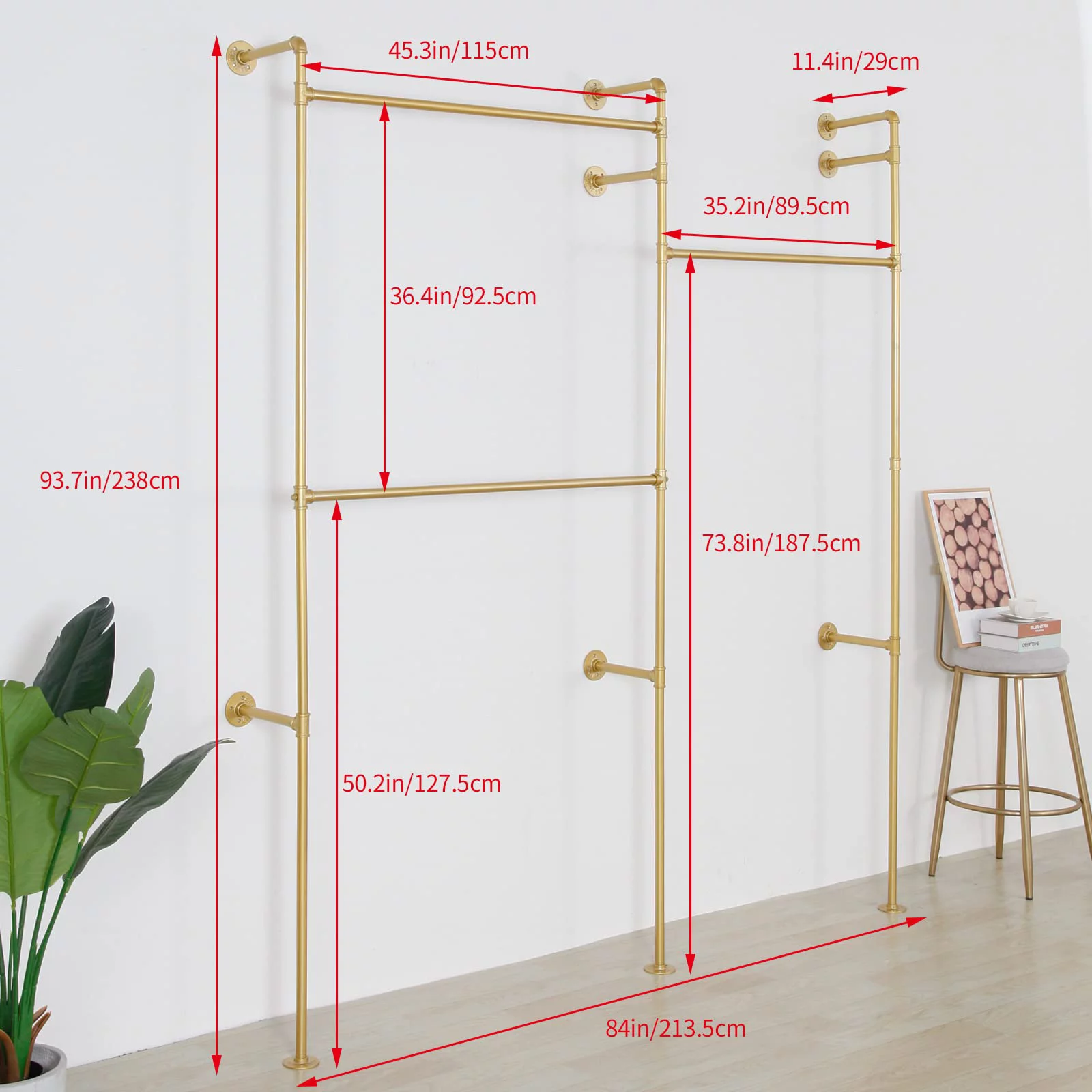 SSS Furniture Modern Simple Industrial Pipe Double Hanging Rods Clothing Rack, Clothes Rack Wall Mounted Heavy Duty Hanging Clothes Rack, Detachable Garment Bar 93.3X82.7inch (Gold)