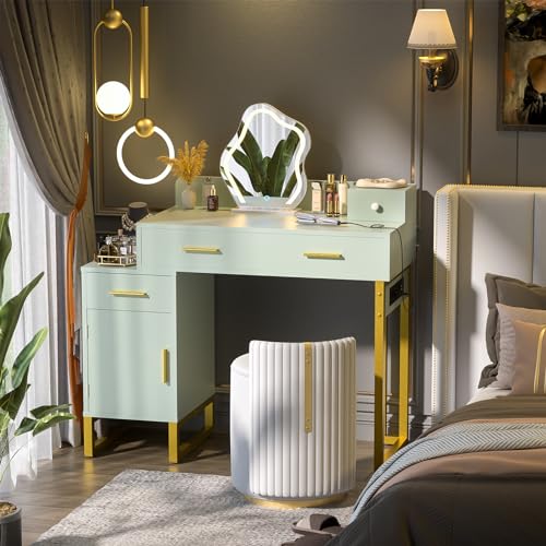 Vanity Desk with 4 Storage Drawers - Modern Makeup Vanity Table with Charging Station, Black Vanity Desk with Reversible Cabinet Dressing Table Set with Divided Organizers for Women Girls, Black