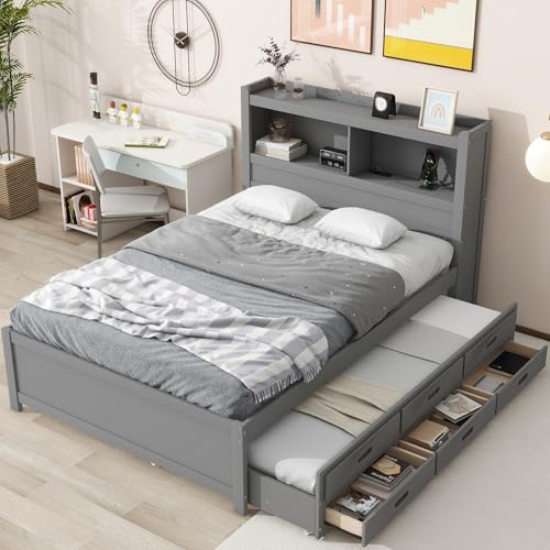 Full Size Storage Bed with Bookcase Headboard and Trundle, Wood Platform Bed Frame with Charging Station, Pull Out Shelves and Drawers for Kids Teens Adults, No Box Spring Needed,White