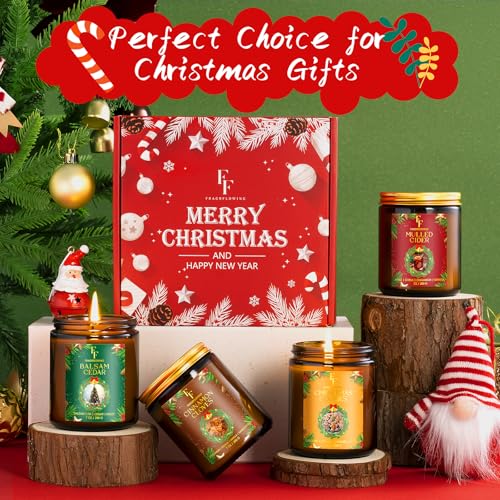Christmas Candles Set, Scented Candles for Home, 4 Pack Holiday Natural Soy Candles, Christmas Gifts for Women Men, Festival Fragrance of Balsam Cedar/Cookies/Mulled Cider/Cinnamon