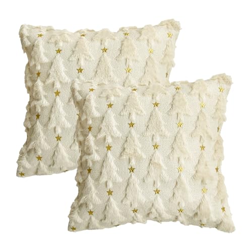 AVOIN colorlife Christmas Tree Star Green Throw Pillow Cover Set of 2, 18 x 18 Inch Soft Plush Faux Fur Jacquard Festivals Winter Cushion Case Decoration for Sofa Couch