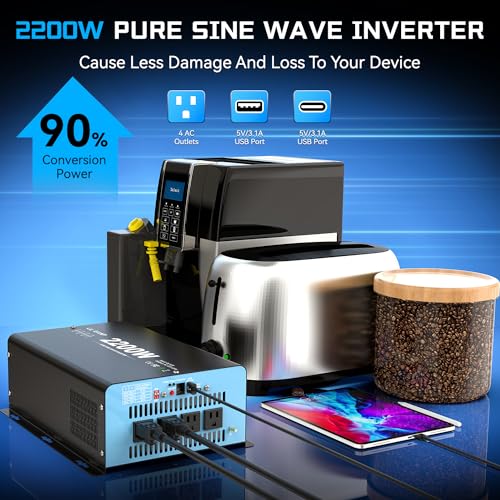 2500W Pure Sine Wave Inverter with Transfer Switch, 12V DC to 120V AC Converter with 2AC Outlets, USB Port, Type-C Port, Remote Controller, Power Inverter for RV, Outdoor, Auto Swtich to Shore Power