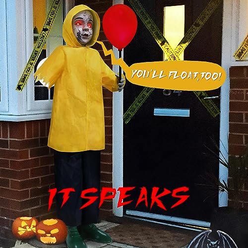 Halloween Decorations Outdoor, 4 Ft Life Size Animatronics Prop with Glowing Balloon, Sound-Activated Sensor, Scary Decor for Home Party Indoor Outside Garden Lawn Grave Yard