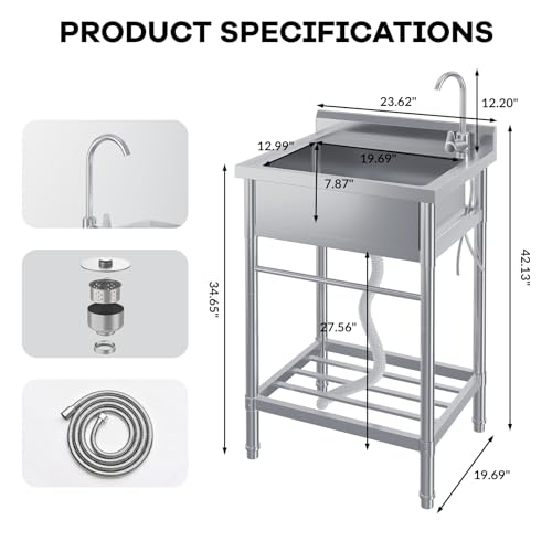 39 Inch Free Standing Sink, Single Bowl Stainless Steel Utility Sink with Cold/Hot Water Pipe, Storage Rack, Faucet and Adjustable Legs, for Laundry Room, Kitchen, Garage, Outdoor Use, NSF