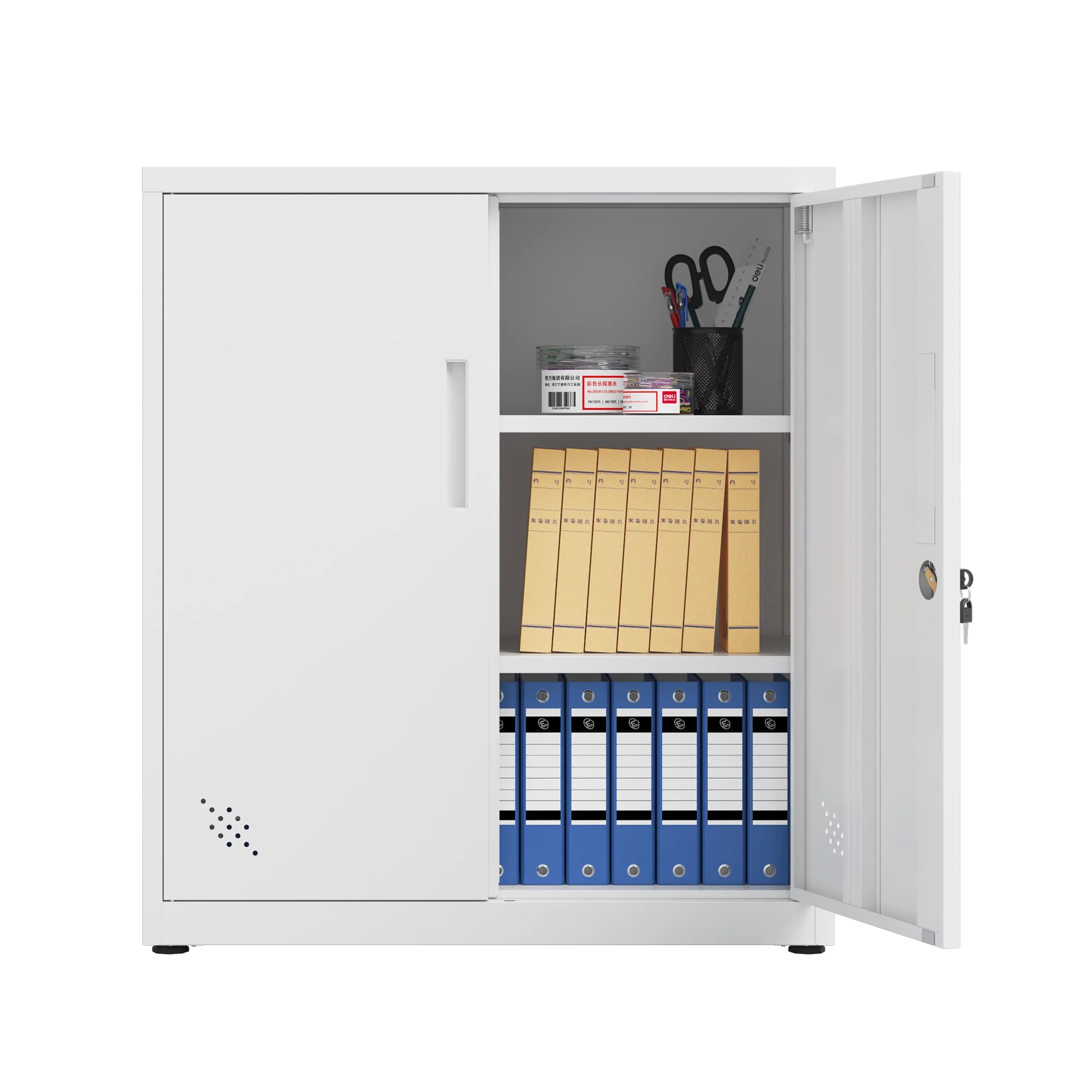 Metal Storage Cabinet with 2 Adjustable Shelves, Metal File Cabinet for School Gym, White Decorative Storage Cabinet for Home Office