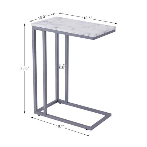 C-Shape Side End Table, Faux Marble Tray Snack Table with Metal Frame, Laptop Coffee Holder, Modern Furniture (Silver)